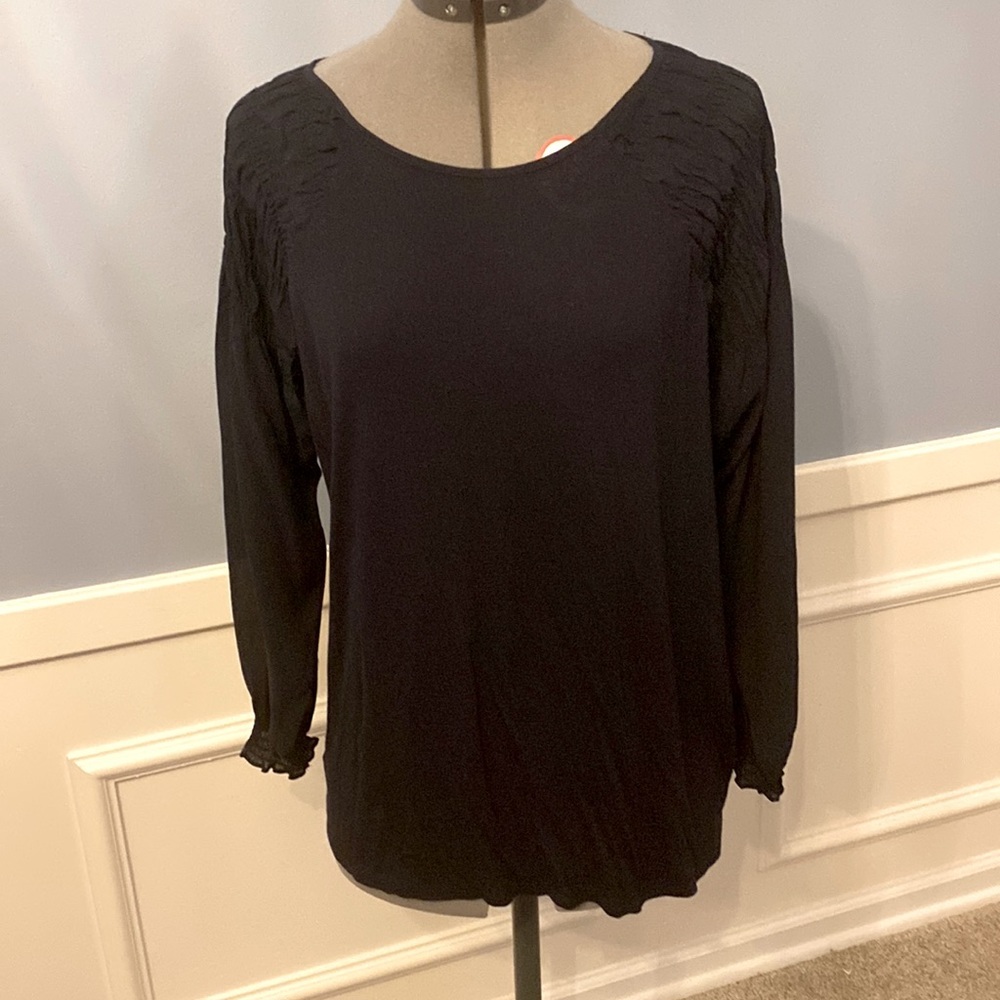 Loft Navy Long Sleeved Blouse - Sleeves Chiffon and Puckered, Body Cotton -Small